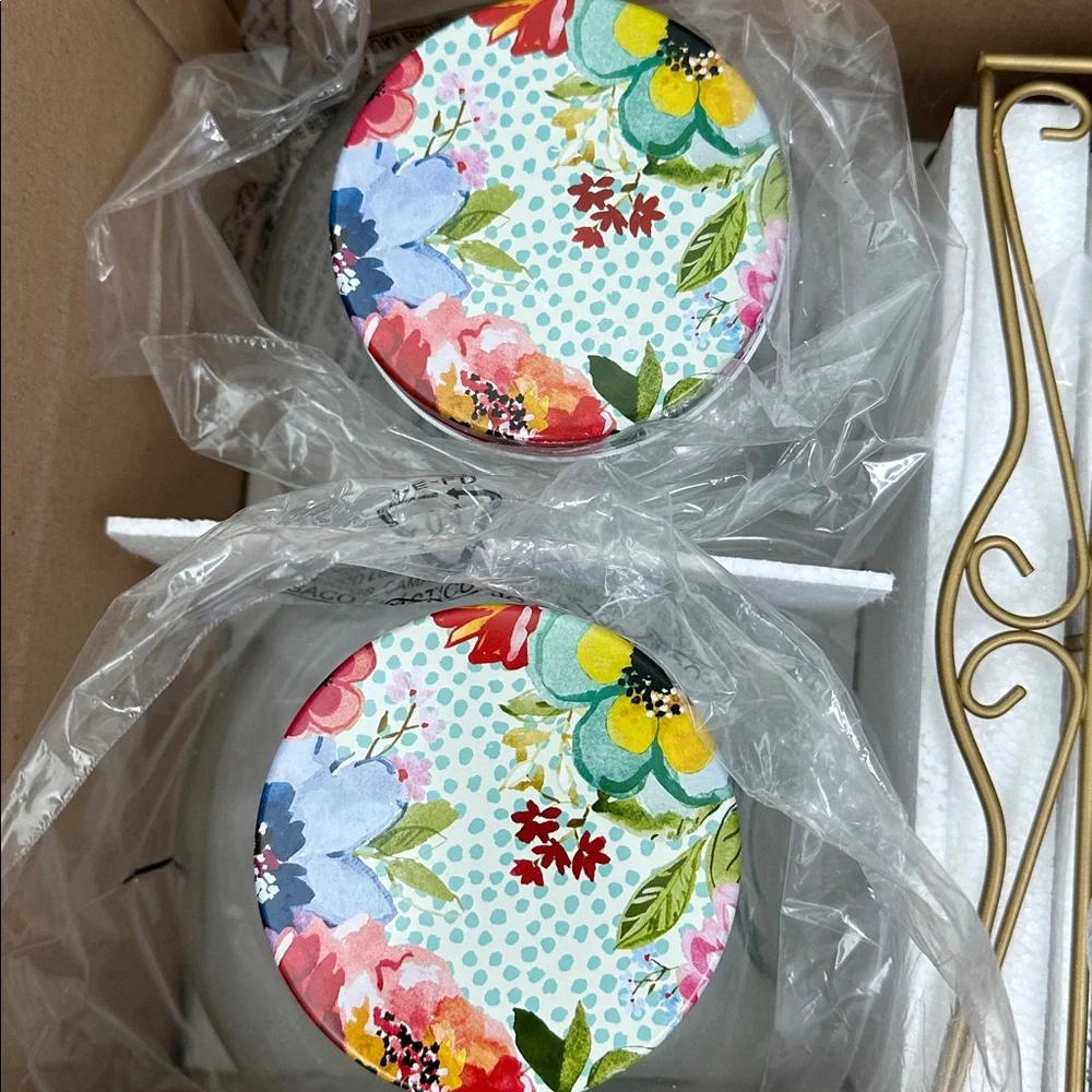 RARE! The Pioneer Woman Floral Medley Glass‎ Storage Jars with Metal Rack